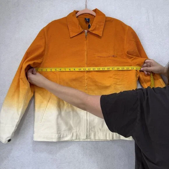 FLAN Jacket Mens Large Orange White Ombre Dip Dye Zip Front Work Chore Cotton